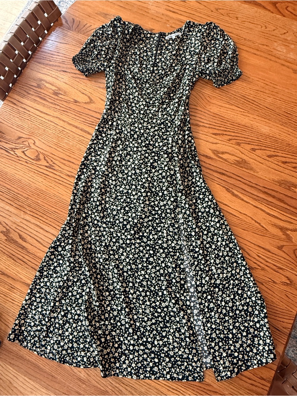 Reformation Lacey Dress- Black Floral Midi Dress with sweetheart neckline